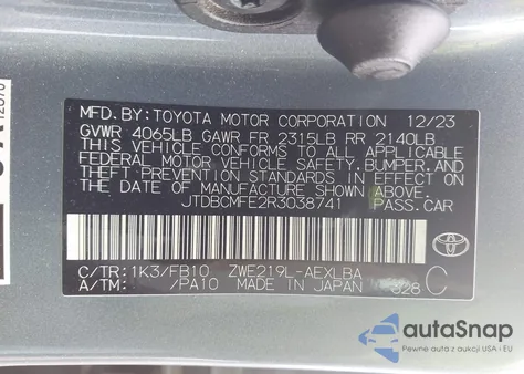 2024 Toyota Corolla Hybrid Le from USA, damaged, VIN JTDBCMFE2R3038741